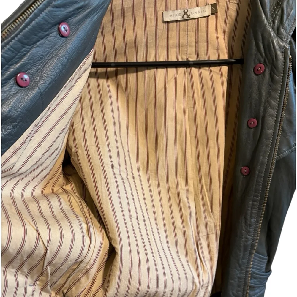 🛑SOLD🛑Mike & Chris VTG Rupert Double Breasted Hooded Grey Leather Jacket S - Picture 9 of 10